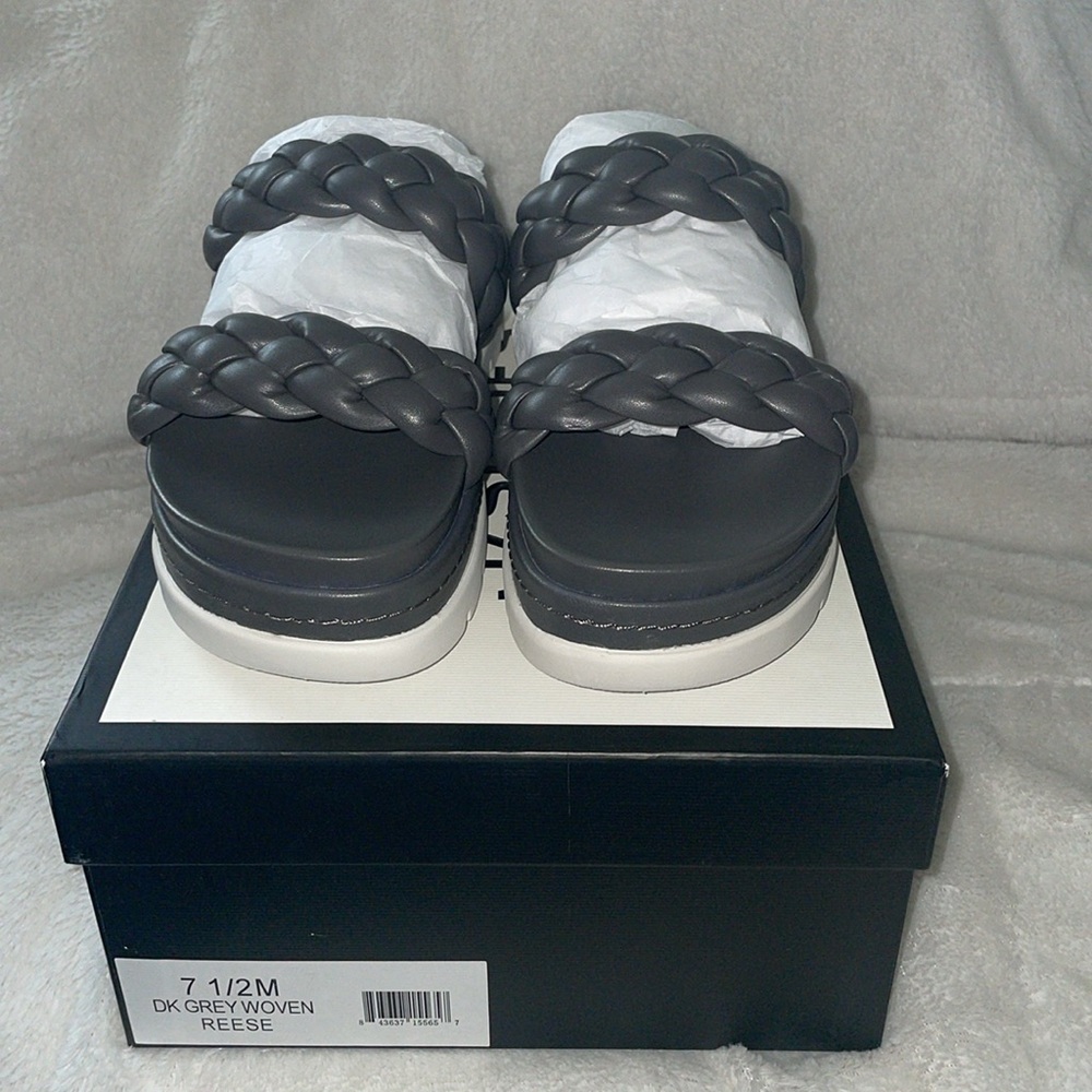 NWT J/SLIDES REESE Dark Grey Leather Woven Strap Sandal - Picture 10 of 16